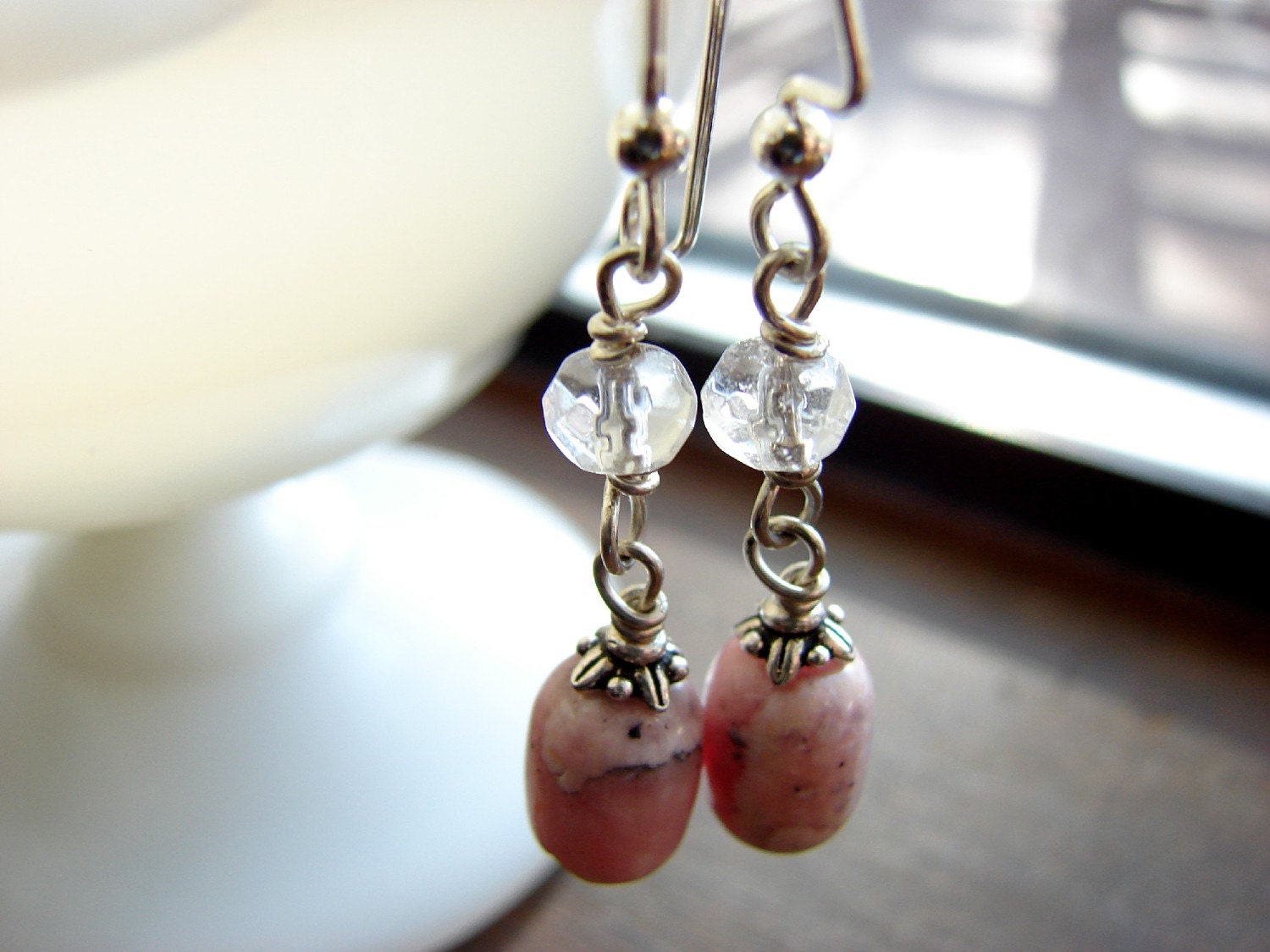 Pink dangle earrings, rhodocrosite wedding