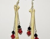 Gorgeous Antique Silver Gothic Lolita Real COYOTE FOOT BONE Jet Black Red Siam Swarovski Crystal  Long Earrings