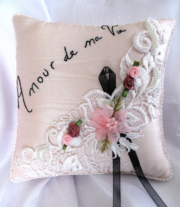 Shell Pink Moire Taffeta-Lace Ring PIllow-Love of My Life-OOAK