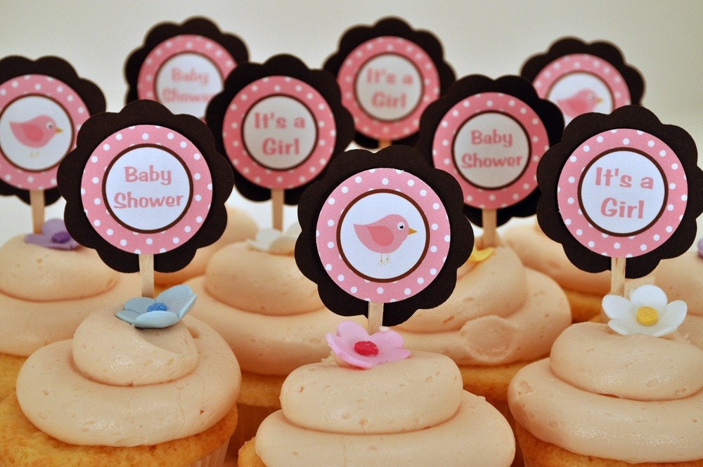 Lil Birdie Theme Cupcake Toppers - Baby Shower Decorations in Pink & Brown