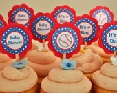 Baseball Theme Cupcake Toppers, Baseball It's a Boy Baby Shower Decorations in Blue & Red