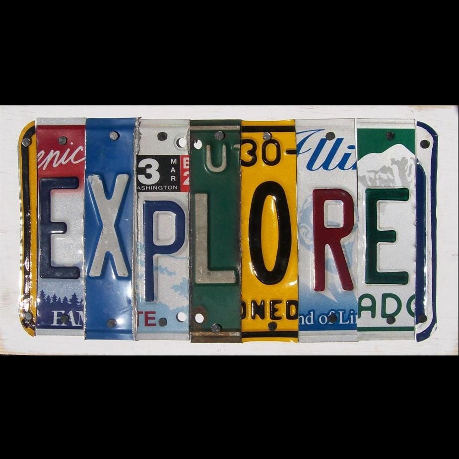 Funky EXPLORE Word Block - Custom Words Available - Recycled Vintage License Plate Sign Art - Salvaged Wood - Upcycled Artwork