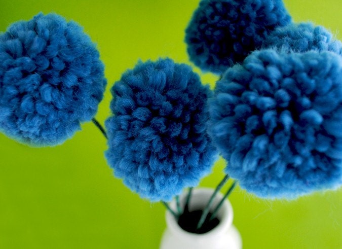 5 Blue Pom Pom Yarn Flowers