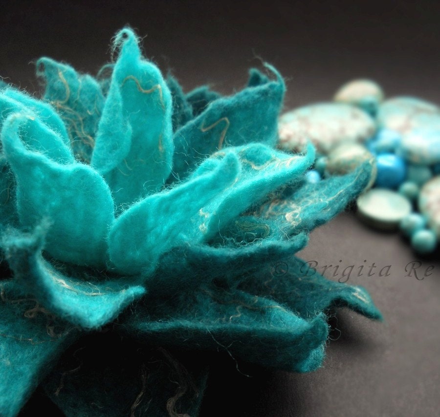Aqua Turquoise and Linen Felt Flower Brooch/Handmade to Order