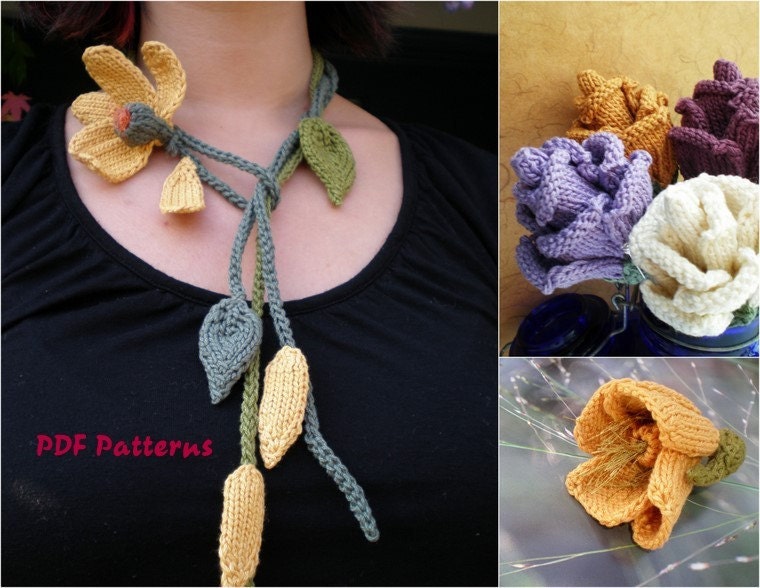PDF Knitting Pattern Set - He Loves Me Lariat, Rose Bud, Poppy