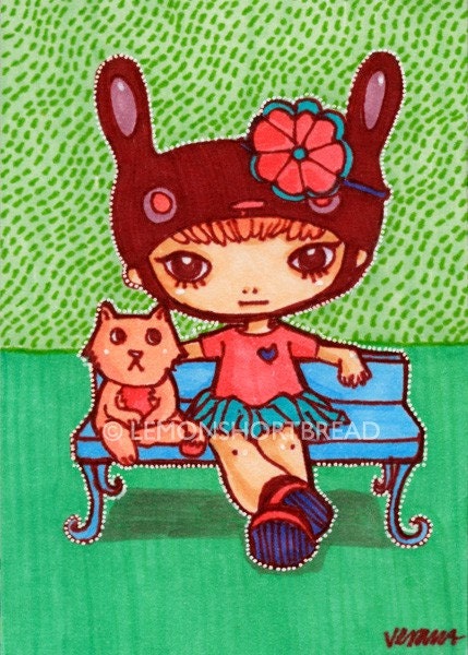 ACEO Bunny Girl Art Print, Giclee Archival, Cute Kawaii Pop Cat & Rabbit - Limited Edition 1/25