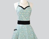 Womens Sweetheart Apron , Feminine Retro Ruffled Sweetheart Apron in Floral Farmdale Designer Fabric of Blossoms in White and Pink on Aqua
