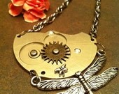 Dragonflies at Night Pendant, Steampunk necklace Vintage pocket watch movement