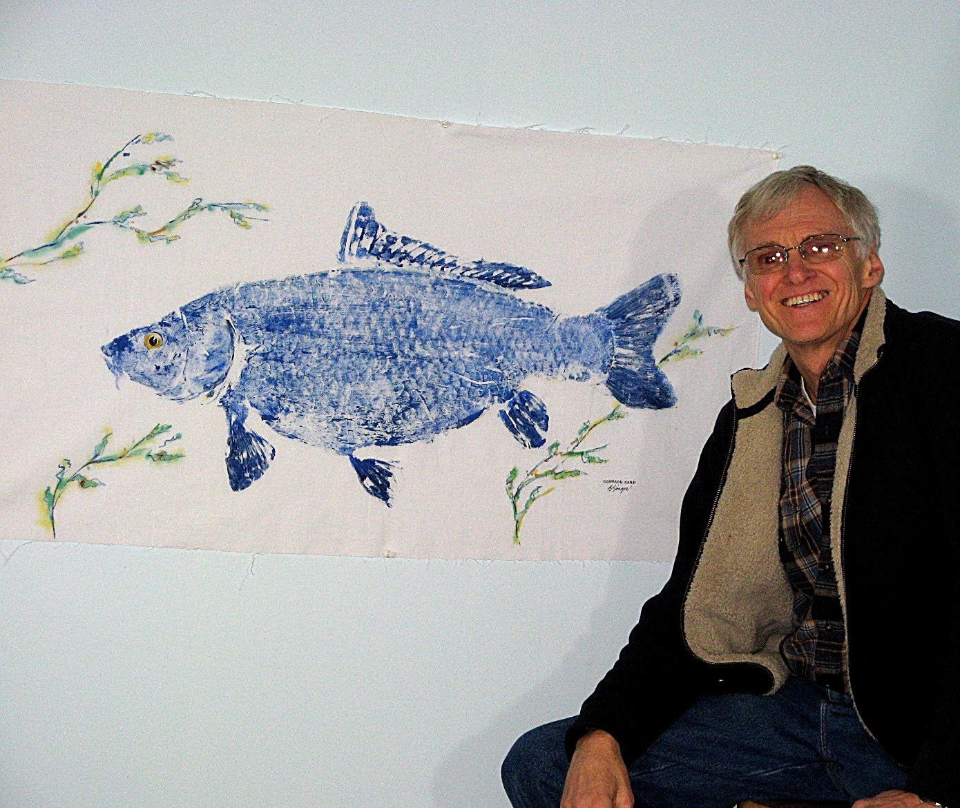 Huge 32 inch Blue CARP Original Fish Rubbing (GYOTAKU) on muslin