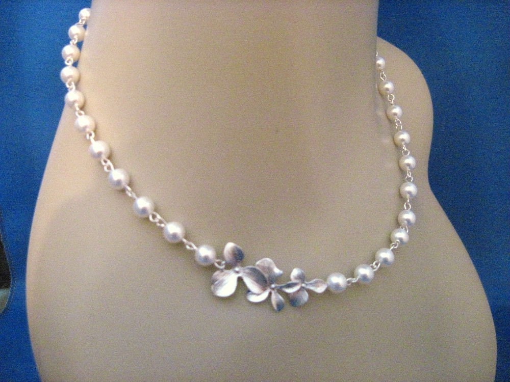 Wedding Jewelry Cassandra Pearl and Orchid Bridal Necklace