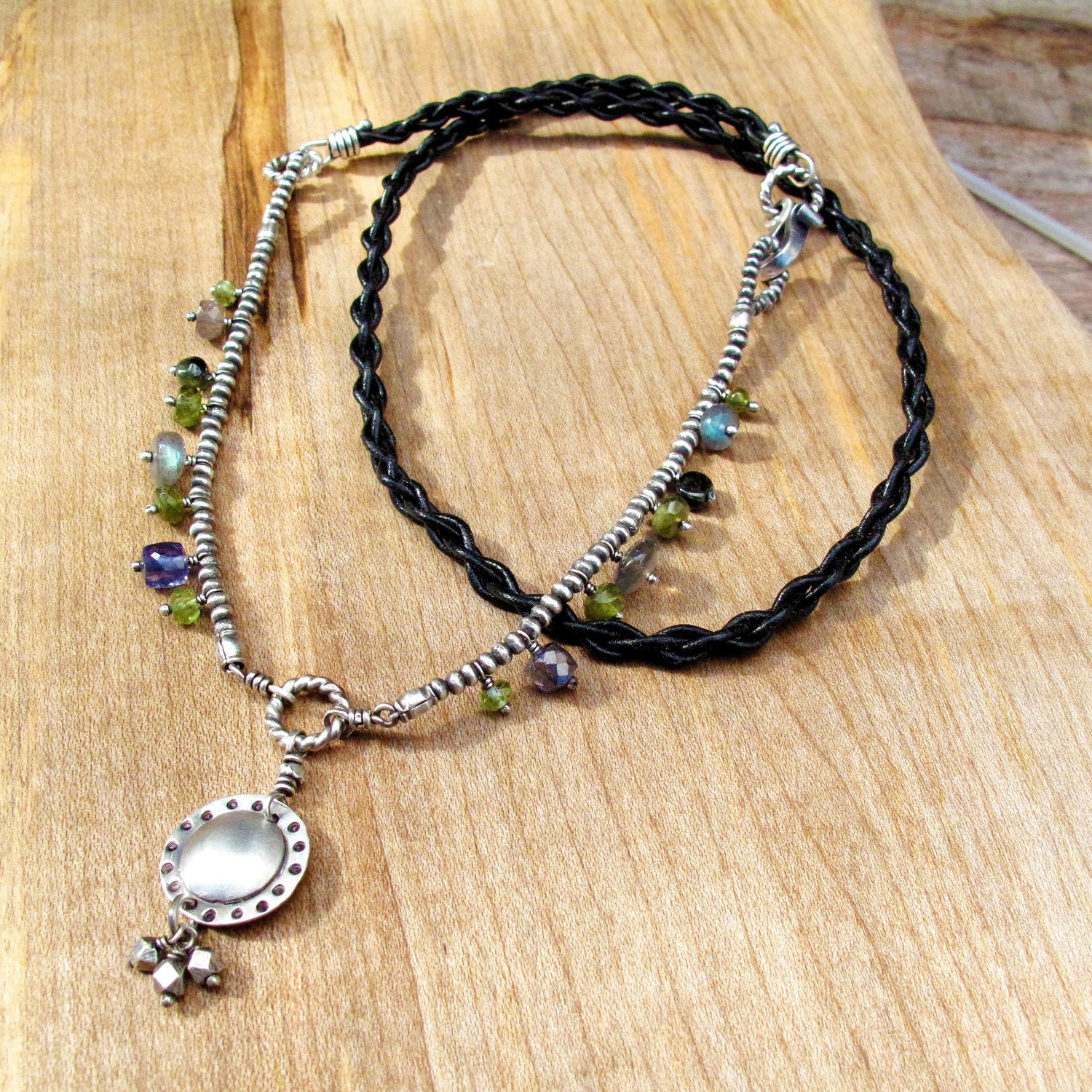 Silver Pendant Necklace with Mixed Gems & Braided Leather