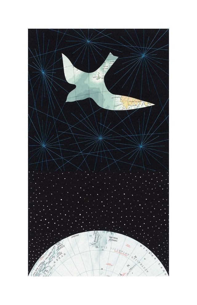 Map Collage Embroidery Birds Stars Constellation - Archival Print 11 x 17 - Into the Ether by selflesh