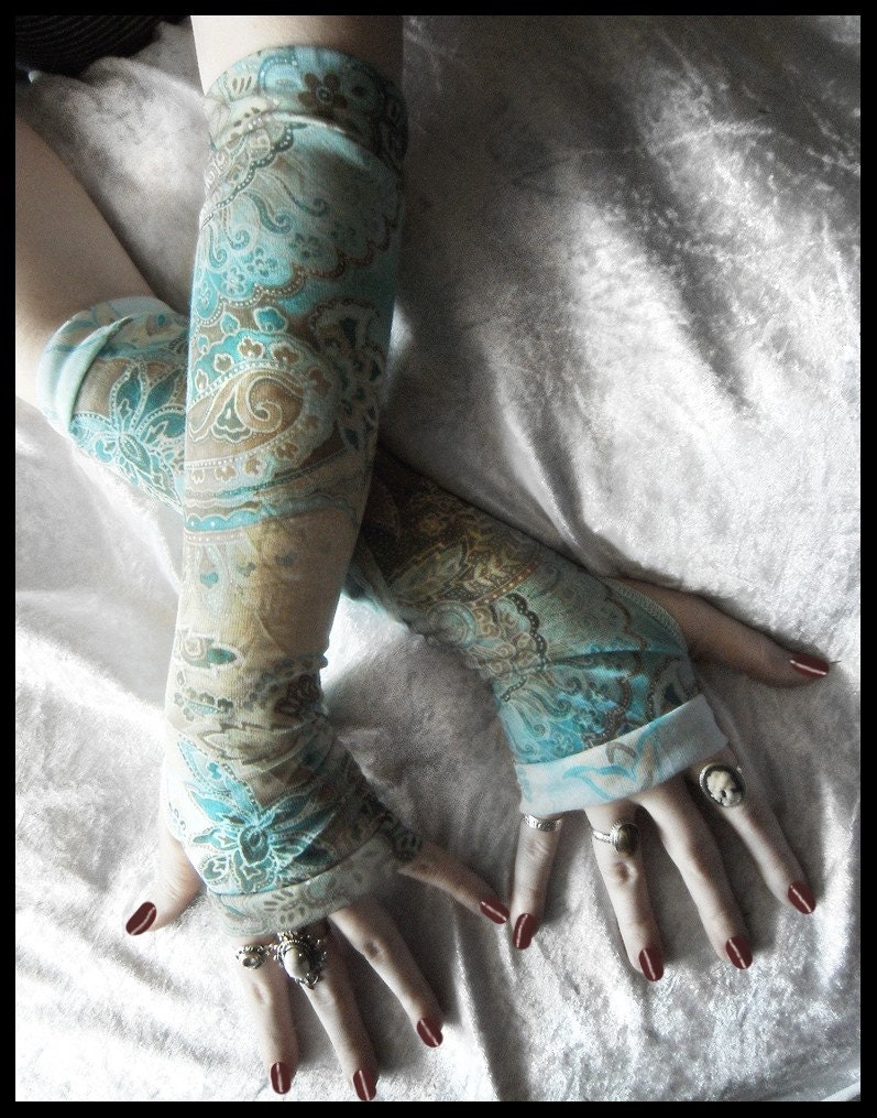 Mist and Mire Arm Warmers - Turquoise Teal Cream Brown Golden Ochre Tan Paisley Mehndi - Gothic Tribal Goth Bohemian Earth Yoga Emo Namaste