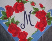 Vintage Flower Hanky with a Blue Initial M  - Handkerchief Hankie