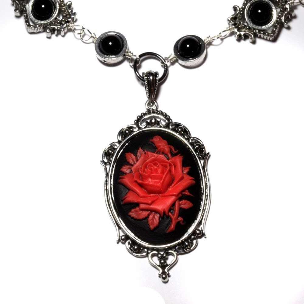 Steampunk Goth Jewelry - Necklace - Black and Red Rose Cameo  -  Black Onyx