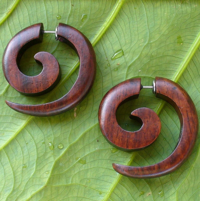 Tribal THAMARAI  SPIRAL organic wooden tribal earrings fake gauges