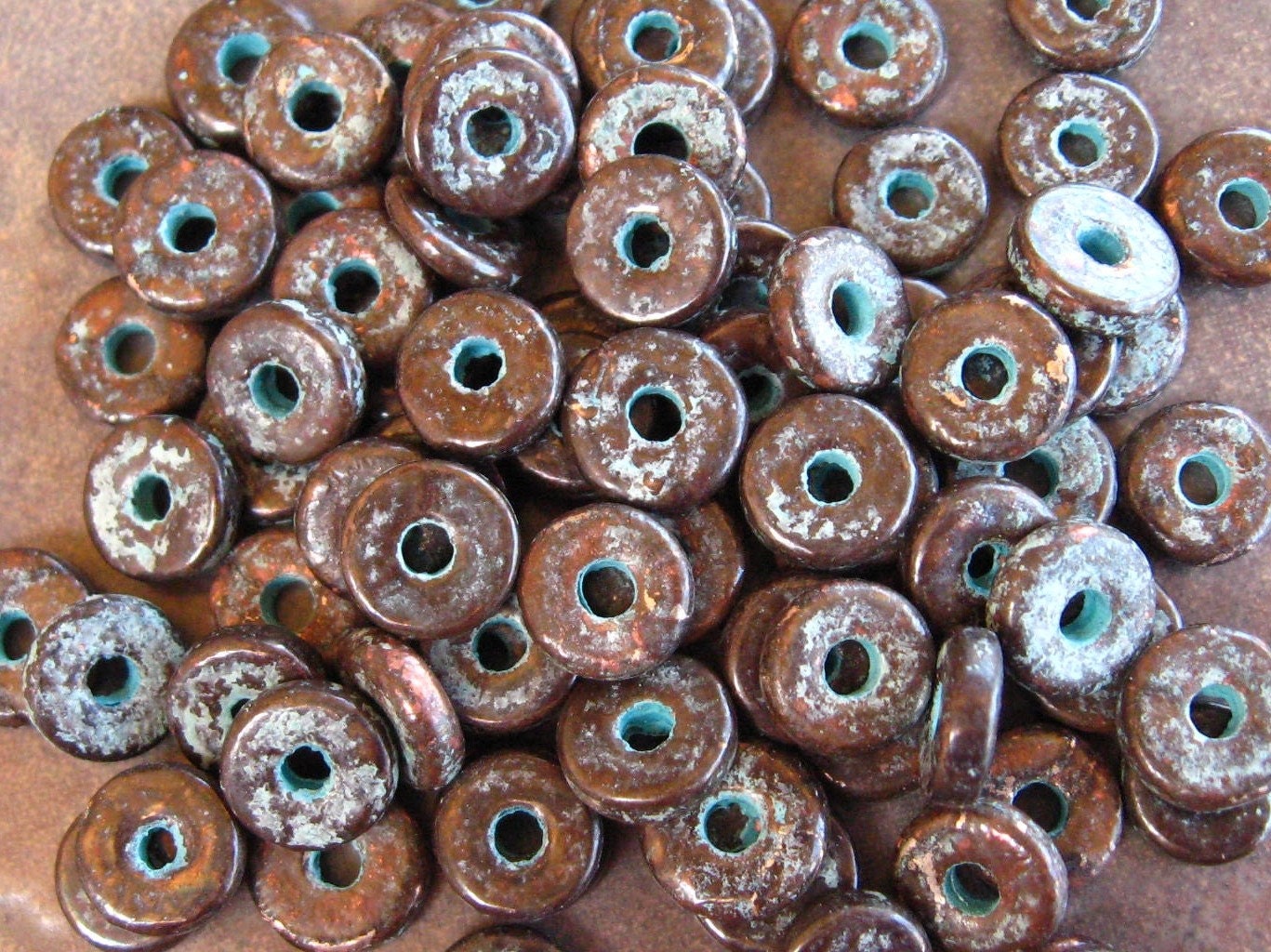 25 GREEN PATINA Copper Round Greek Ceramic 8mm Washer Bead