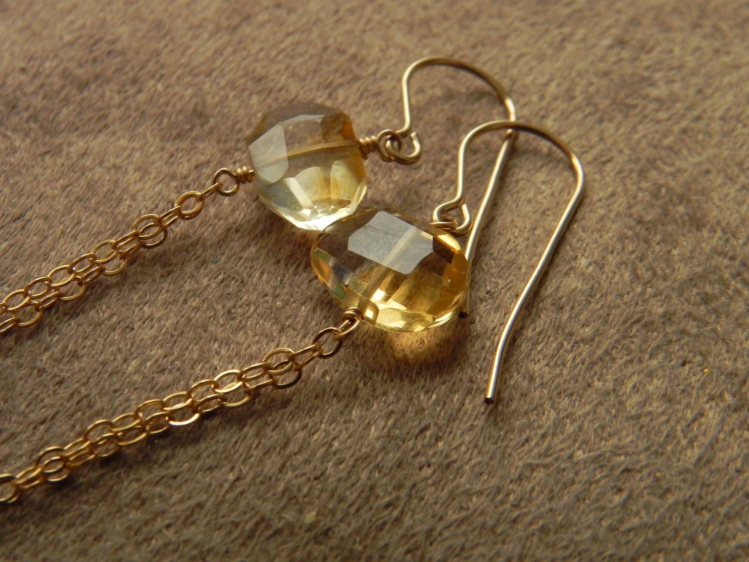 SALE  Faceted Citrine Tassel Gold Filled Chain Earrings   SALE