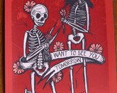 Screen Printed Art Print Skeletons Valentines Love Stuff 4 Color Print