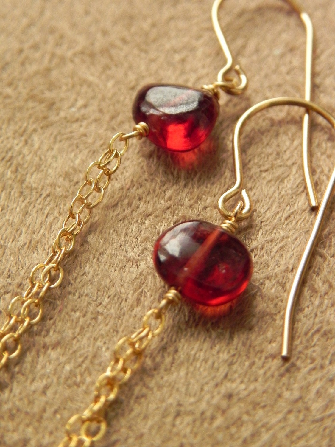 SALE  Garnet Pebbles and Gold Filled Tassel Chain Earrings  SALE