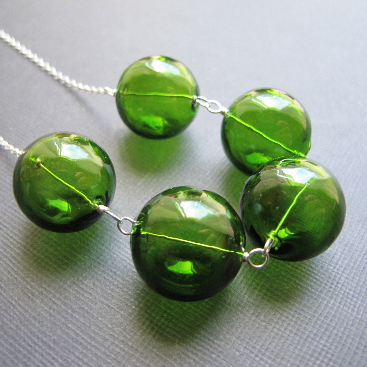 Green Bubbles...Sterling Silver and Hand Blown Glass Bubble Necklace