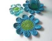Blue Green Flowers Coasters . Beverage Drink Petal Tea Turquoise Aqua Light Spring Decor Crochet Garden Collection