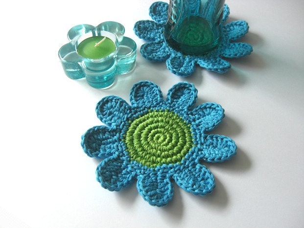 Blue Green Flowers Coasters . Beverage Drink Petal Tea Turquoise Aqua Light Spring Decor Crochet Garden Collection