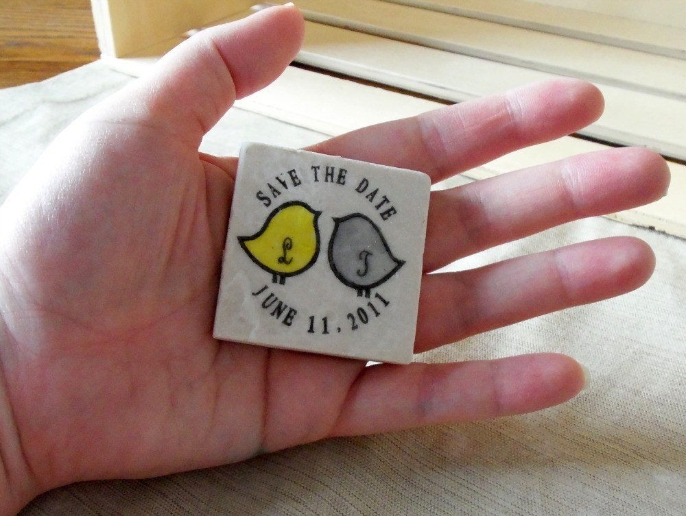 Initial Love Bird Save the Date Magnets, Wedding Favors, Set of 15, Yellow and Gray