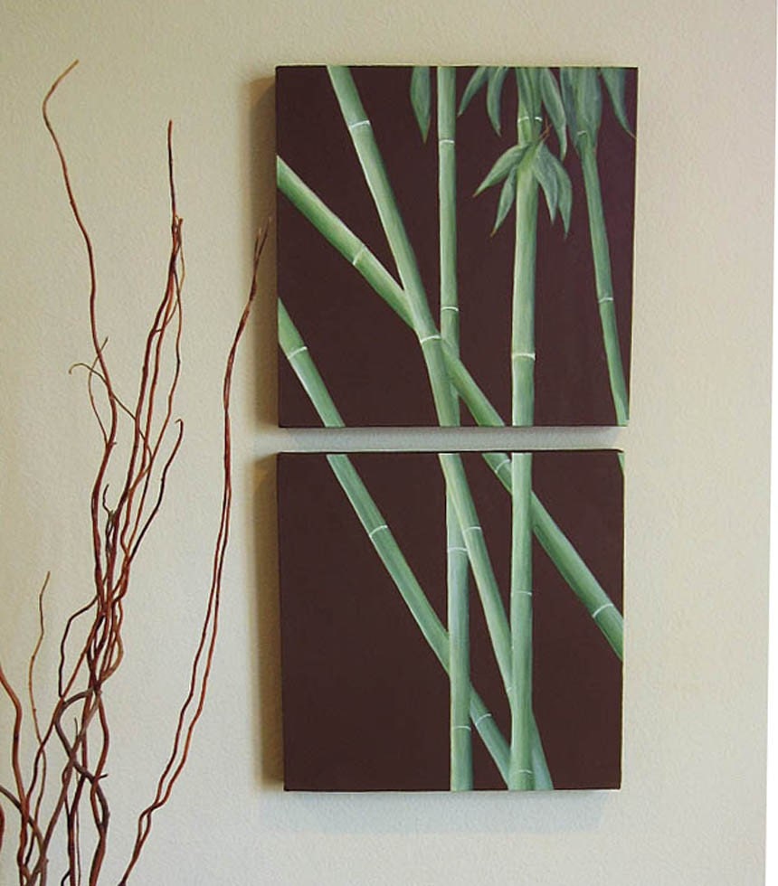 Original Bamboo Still Life 2 Panel Canvas Painting
