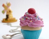 Cupcake Necklace -polymer clay fimo fake cupcake Pendant alice in wonderland with spoon Charm pink frosting great for katy perry costume