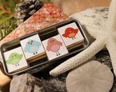 Whimsical Birds Scrabble tile Magnet Set with their own matching Tin