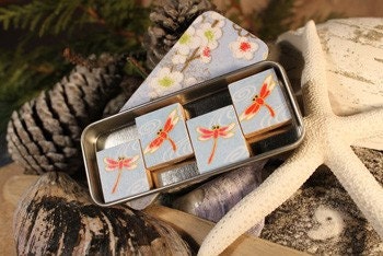 Japanese Dragonflies Scrabble tile Magnet Set with their own matching Tin