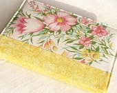 Fabric Journal - Yellow Spring - Handmade Fabric Covered Notebook, Diary - Pink, Green, White Flowers and Tulips