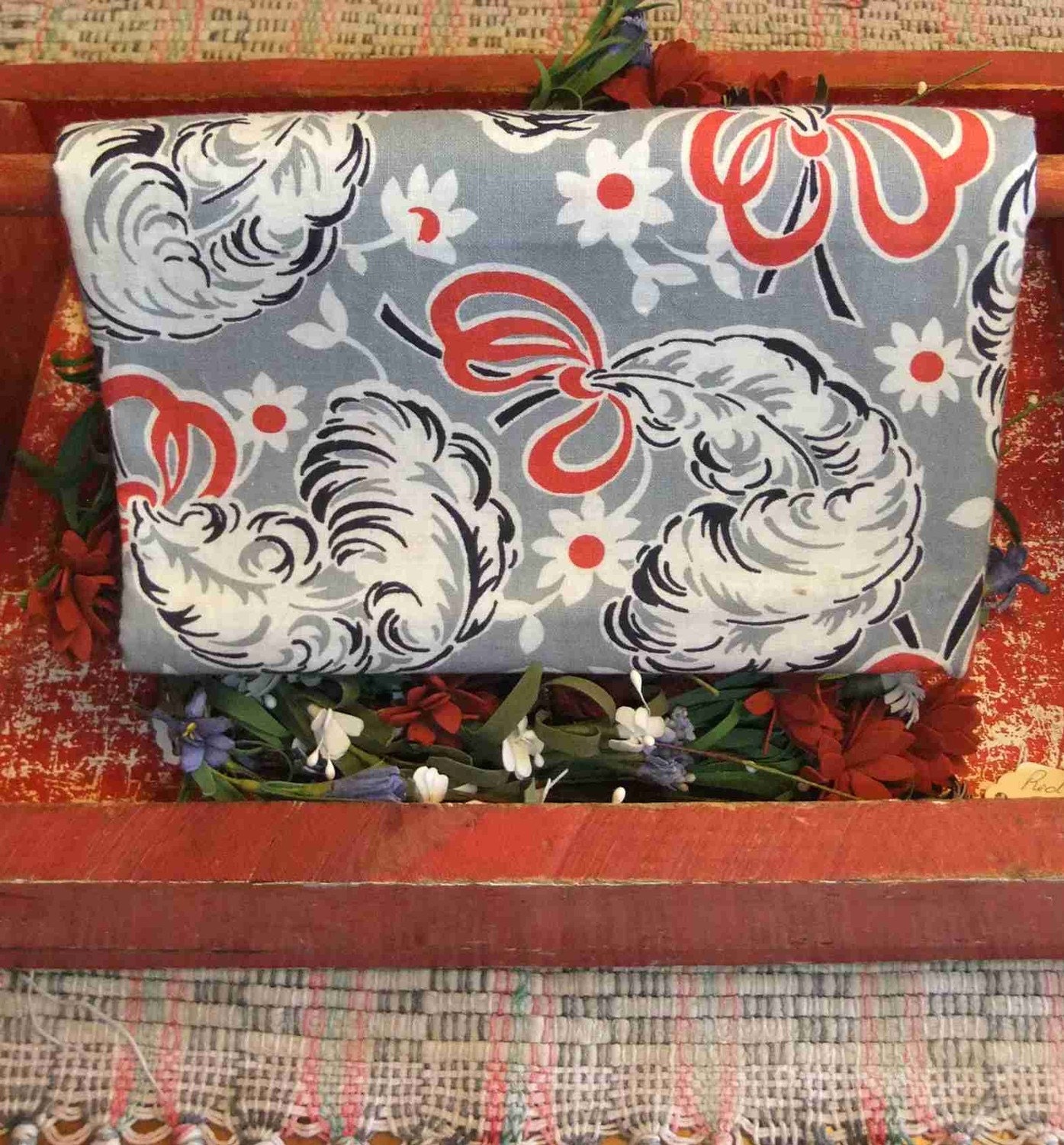 Vintage Feedsack Fabric - Grey Red Feathers Novelty