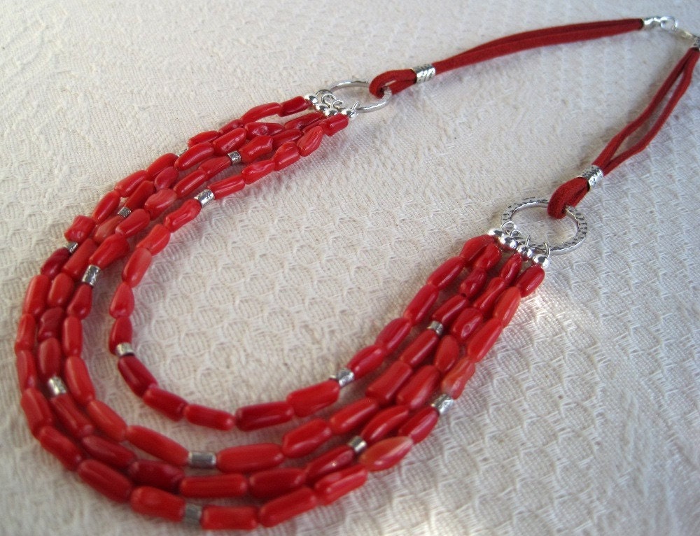 Coral Bib Necklace - Red Multi Strand Necklace - Bib Necklace
