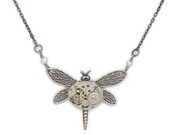 Steampunk Necklace Art Nouveau styled silver dragonfly watch movement gears vintage genuine pearls pendant jewelry by Steampunk Nation 13
