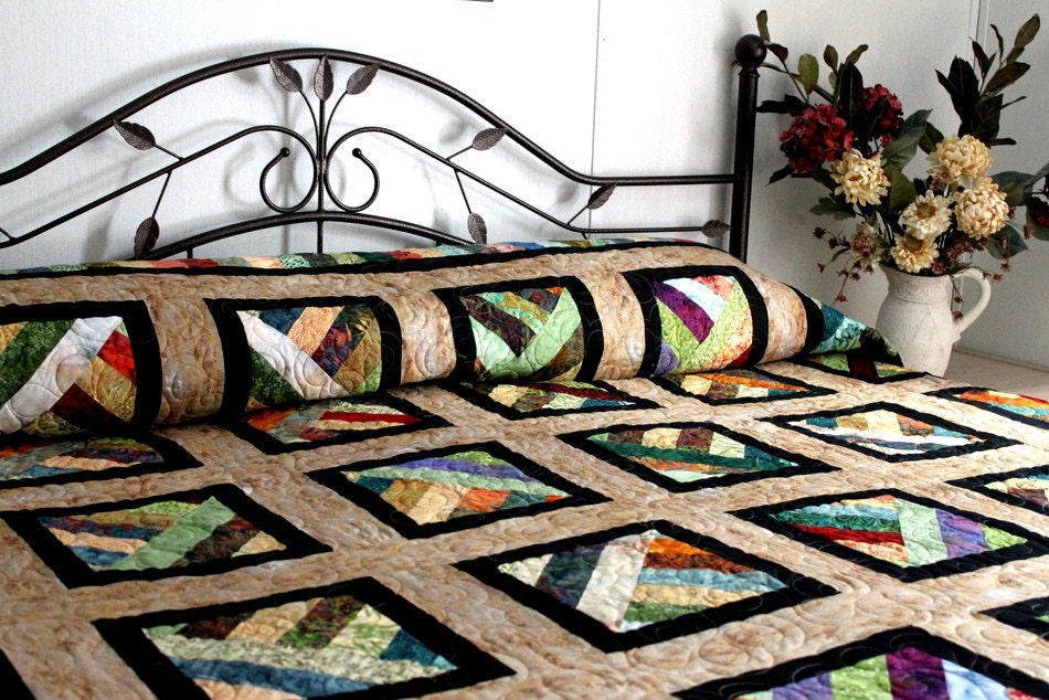 Strawberry Fields Forever Batik Bed Quilt 108" x 108" in red, blue, gold, purple, black, beige