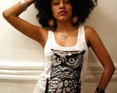 womens owl clothing, owl tank, burnout tank, 1AEON women's burnout white soft tank with Giant Epic Owl - size M