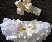 Cream Sassy Pants Ruffled Diaper Cover Satin Hairbow and Headband Set Original Design