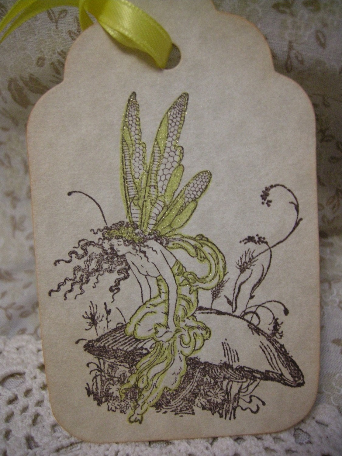 Once Upon a Spring Time Fairy Faerie Yellow - fantasy, vintage style, shabby chic style, hang tag, gift tag, bookmark tag, tea dye, distressed, parchment, mushroom, garden, old-fashioned, woodland, nature, bookmark tag, magic, whimsical, magical - x 6