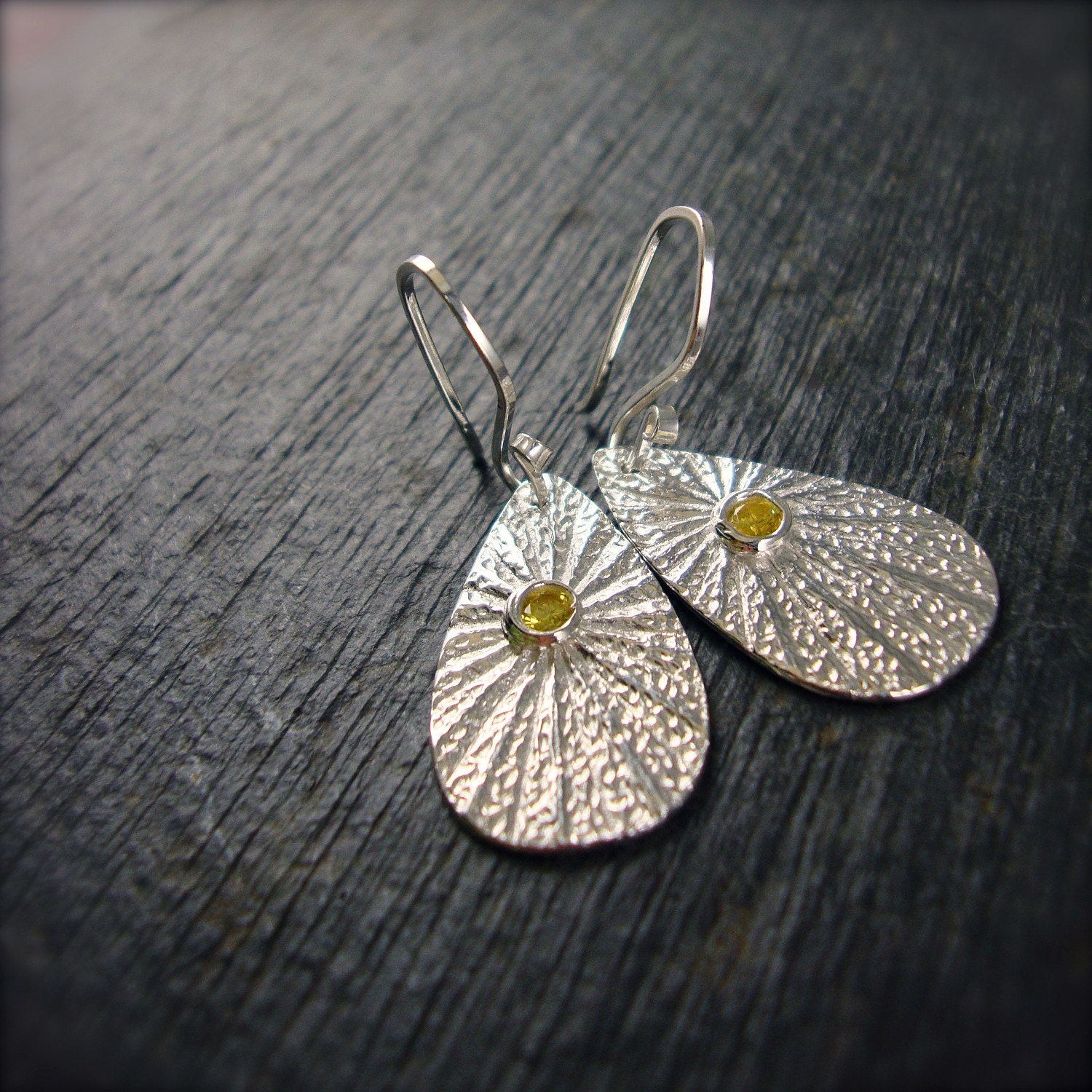 Silver Elongated Tear Drop Earrings with Yellow CZ