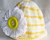 Photo Prop Baby Hat Cloche, Sunshine Yellow Stripe, Loopy Daisy, Big Button, Cotton Yarn