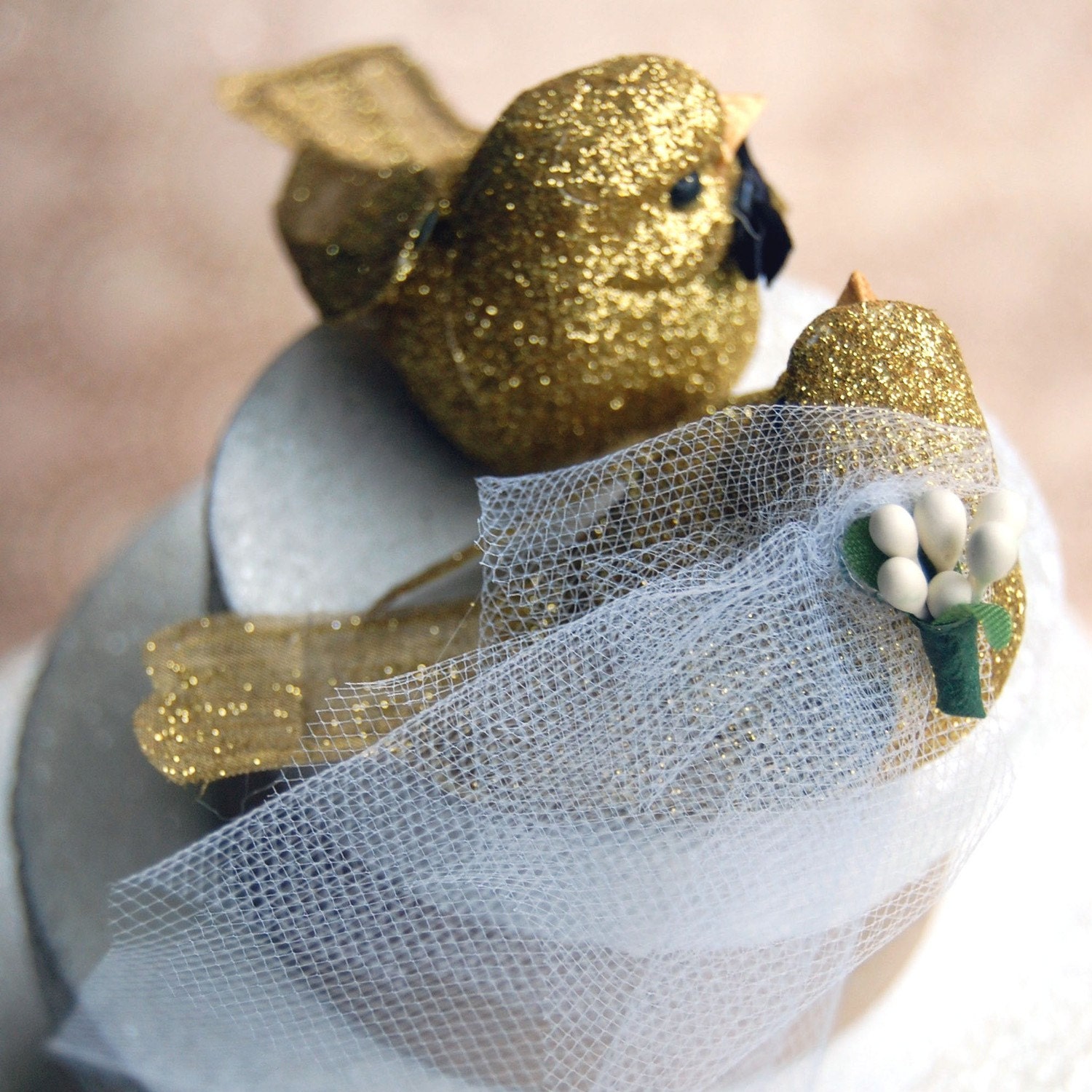 Glittery Gold Love Birds Wedding Cake Topper
