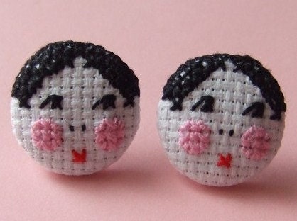 Sweet Little Dolly Girl Earrings Hand Sewn in Cross Stitch