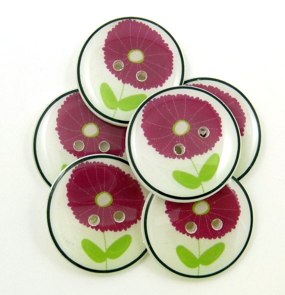 Handmade Buttons. 6 Plum or Purple Flower Buttons.  Sewing or Knitting Buttons.