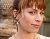 Brass Bow with Vintage Faux Pearl and Floral Drop-Earrings-OOAK