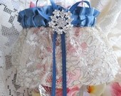 Edwardian Silver Embroidered French  Alencon Lace Garter-Antique Lace-French Blue Satin-Rhinestones