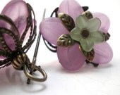 Daisy Earrings in Lilac Purple and Leafy Green accented in Brass