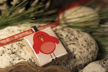 Red Birdie, a fun Scrabble tile Pendant in a tiny slide top box (Pendant, Ribbon Necklace in Tin Set) -082-