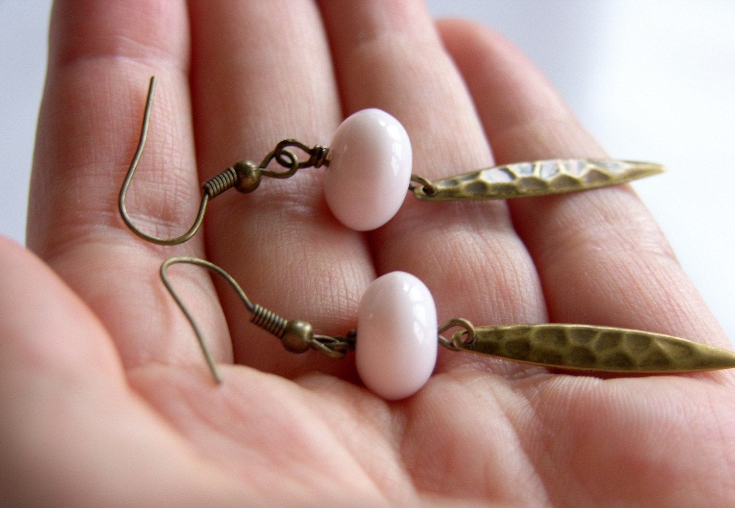 Pink Glass and Brass Drop Earrings